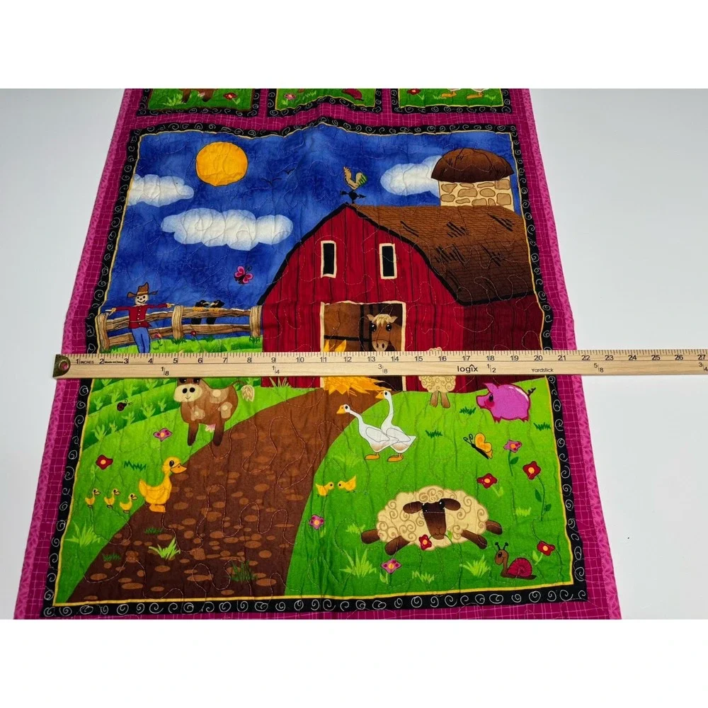 Vintage Handquilted Baby Quilt-Farm Animals~Cow Ducks Chicken Horse~39 x 21.5 In